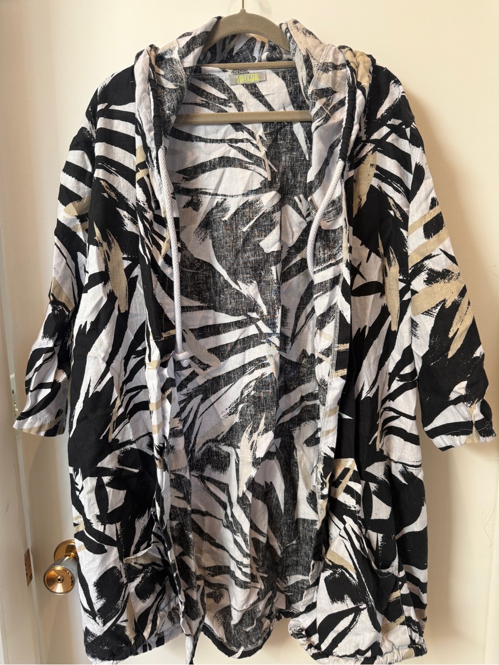 Dolcezza Linen Abstract Print Hooded Jacket XL Lagenlook Artsy Artwear